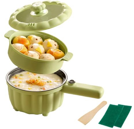 Tuzsocr Electric Frying Pan with Steamer,2L Non-Stick Electric Pan for Sauté,Pumpkin Shaped Electric Hot Pot,Multifunction Portable Travel Cooker,for Ramen Noodles/Pasta/Egg/Oatmeal (Green + Steamer)