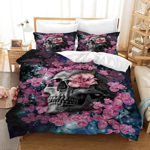 Leleyouzer Totenkopf Bettwäsche Set Für Teenager Erwachsene,3D Schädel Muster Bettbezug,Mikrofaser Gothic-Bettwäsche mit Reißverschluss und 2 Kissenbezug 50 x 75cm (Totenköpfe 3, 135×200 cm)