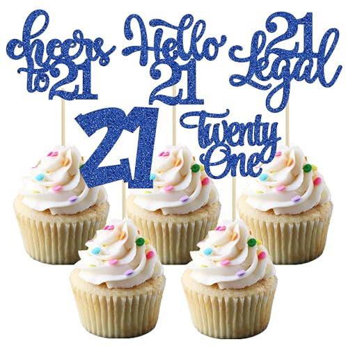 Gyufise 24Pcs 21st Birthday Cake Toppers - Blue Glitter - 21st Birthday & Anniversary - 2.4W x 4.7H - 30 Count