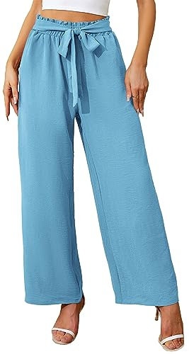 Actcat Damen Hose mit weitem Bein, leicht und elegant, elastischer Bund, Sommerhose mit Taschen, für legere Arbeit geeignet Hosenrock Damen Sommer leichte Sommerhose Damen,Hellblau,L