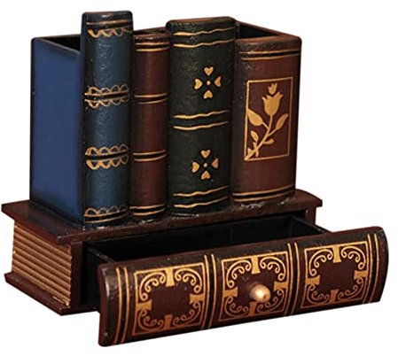 Nishiyuenyi Porte-stylo En Bois En Forme de Livre, Boîte de Rangement de Bureau Multifonction, Pot à Crayons, Boîte de Rangement, Table de Classe Vintage pour, 15x6.5x14CM