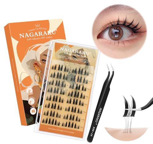 NAGARAKU Pre Glued Cluster Lashes with Tweezers 48 Pcs No Glue Needed Press-on Pre-bond Eyelashes Reusable Self Adhesive DIY Lashes Volume Cat Elf(SAT-006,0.07mm C Curl 11-13mm)