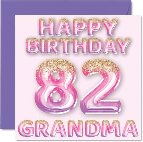 82nd Birthday Card for Grandma, Pink & Purple Glitter Balloons | Happy Birthday Cards for 82 Year Old Grandma from Grandson Granddaughter, 145mm Bday Greeting Cards Gift