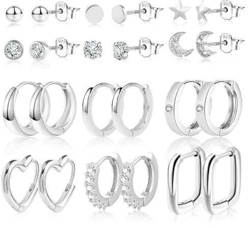 Silber 925 Ohrringe Set, 12 Paar ASH'S Multipack Silber 925 Creolen Ohrstecker Kleine Set Damen, Silber Creolen Eckig Oval Herz Kugel Stern Ohrstecker Piercing Ohrringe Silber für Mehrere Ohrlöcher