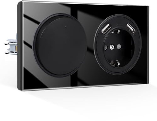 CNBINGO Interruptor de luz basculante con enchufe USB empotrado, enchufe Schuko de cristal con puerto USB-A de 2,1 A, interruptor de luz de 1 vía, color negro