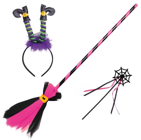 OH YEAH - Accesorios Bruja Halloween - Accesorio Disfraz Bruja Halloween - Accesorio Infantil Disfraz Bruja - Escoba + Varita + Diadema Bruja - HALLOWEEN