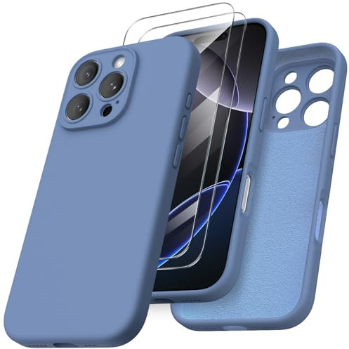 ORNARTO Compatible with iPhone 16 Pro Case 6.3 inch, with 2 x Screen Protector Liquid Silicone Gel Rubber Cover [Full Body] Shockproof Protective iPhone Case for iPhone 16 Pro-French Blue