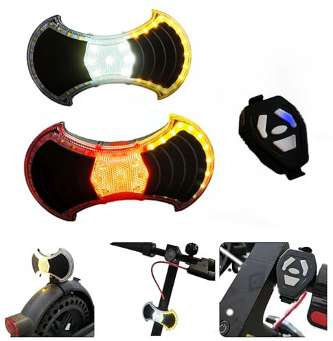 OWLZEN Luce anteriore e posteriore con indicatori di direzione per bicicletta e monopattino - Accessori e fissaggio universale posteriore per monopattino compreso, telecomando senza fili, lampada LED