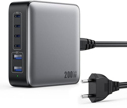 200W Chargeur USB C Multiple, 6 Ports GaN III Tech Chargeur Rapide QC+PD 65W Chargeur Laptop Adaptateur avec 4 USB-C et 2 USB-A Multiprise USB pour MacBook Pro/Air, iPad, iPhone 16/15, Samsung etc