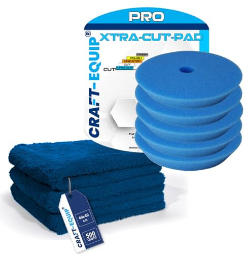 8er Sparpack Craft-Equip PRO Polierschwamm Polierpad mit Klettverschluss Made IN EU (8er Sparpack 80mm DA Polierschwamm Xtra-Cut BLAU + Microfasertücher)