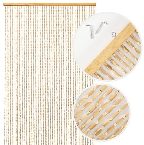 NOVECRAFTO Universal Wooden Beaded Door Curtain with Hooks - 35.4x78.7 in (90x200 cm) - Handmade Hanging 52 Strands Curtain Beads for Doorways, Room Partition - Light Brown Wood Bead Pattern