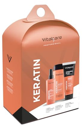 VITALCARE | Gift Set Keratin - Shampoo 250ml + Spray 125ml + Maschera Flash 190ml - Trattamento Completo per Capelli Lisci e Lucenti