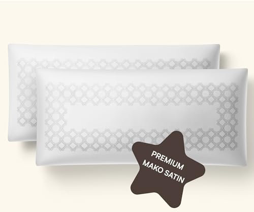 Amqua Mako Satin 2er Set Kopfkissenbezüge 40x80 | Baumwolle, Weiß Grau Muster | Satin Kissenbezug | Weich wie Seidenkissenbezug | Elora