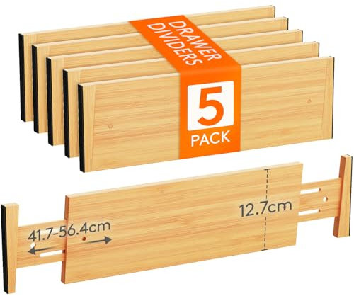Lifewit Juego de 5 separadores de cajones de bambú natural, ajustables para longitud interior 41,7-56,4 cm y altura > 12,7 cm, organizador para cocina, armarios, escritorio