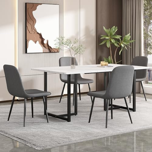Juego de comedor de 5 piezas. Mesa de cocina moderna de 140 x 80 cm con 4 sillas, lino gris, patas de mesa negras en forma de L, diseño elegante para comedor, sala de estar u oficina, elegante y