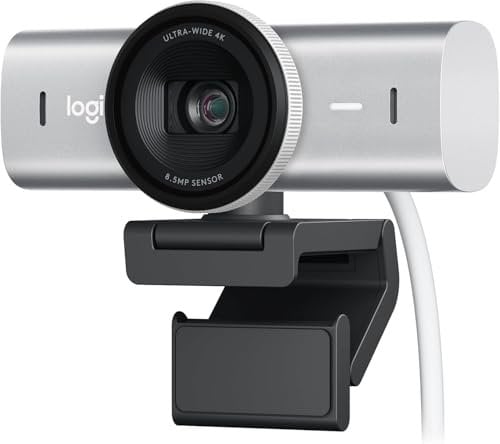 Logitech MX Brio Ultra HD 4K Collaboration and Streaming Webcam, 1080p at 60 FPS, Dual Noise Reducing Mics, Show Mode, USB-C, Webcam Cover, Works with Microsoft Teams, Zoom, Google Meet, Pale Grey
