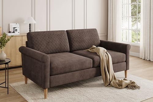 Vesgantti Stoff Doppelsofa 164cm, 2 Sitzer Sofa Braun mit beidseitigen Taschen, Sofa mit Kissen Montage ohne Werkzeug für Wohnzimmer, Schlafzimmer, Büro, kleinen Raum 164L*76D*85H cm