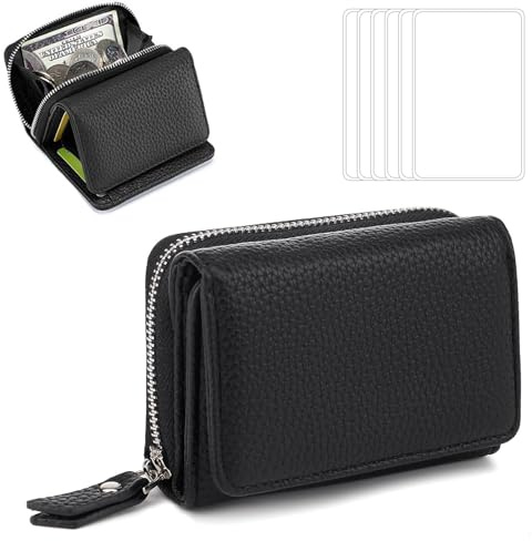 Wisebom Portefeuille Femme Cuir, Porte Monnaie Mini Porte Cartes Petit à Fermeture éclair Porte Monnaie Porte Carte Femme Cuir PU Lisse et Souple Portefeuille avec 6 Pièces Protège Carte en Plastique