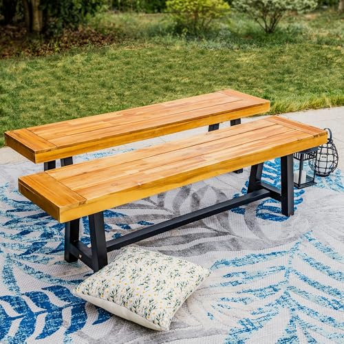 PHI VILLA Gartenbank Wetterfest 160 cm Sitzbank Holzbank Outdoor Balkon Bank Ohne Lehne Holzbänke für Draußen 2-3 Sitzer Akazienholz Teak, 2 Packung