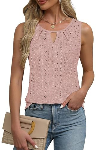 Sukuglam Canotta da Donna Elegante Magliette Estive Senza Maniche Canottiera Ricamo a Occhiello Tank Top Sexy Scollo a Buco Canotte Casual Sciolto Basic Tops
