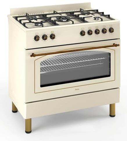 Ferre F9S50E7-CR-RETRO 90cm Dual Fuel Range Cooker With Double Turbo Fan & 5 Burner(1 Wok) - Cream