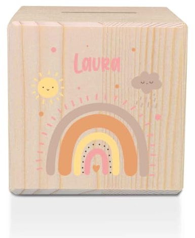 GRAVURZEILE Bedruckte Spardose aus Holz mit Metallschloss - Regenbogen Pastell Rot - Personalisiert mit Name - Geschenk zur Taufe, Kommunion oder Geburt - Sparschwein für Mädchen & Jungen