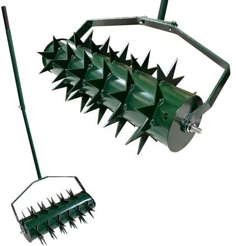 Yinnhom Arieggiatore manuale per prato, arieggiatore a rullo per prato, rullo per prato con manico e chiodi da 5 cm e manico, rullo scarificatore manuale per prato per cortili, prati in giardino