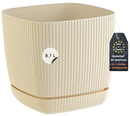 Engelland - 1 x Blumentopf mit Drainagesystem, Untersetzer, Farbe: Beige, Rillenoptik, Pflanz-Topf, Kübel, modern, Kunststoff, quadratisch, 24 x 24 cm, 8,7 Liter
