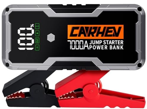CARHEV Arrancador de Coches 7000A, 12V Arrancador de Bateria de Coche Portátil Compatible con Motores de Gasolina y diésel de hasta 10 litros, Jump Starter con Linterna LED y Pinzas bateria Coches