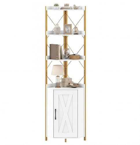 FANTASK 180cm Eckbücherregal mit Schrank & Türen, 6-stöckiges Freistehendes Eckregal Metallrahmen, Aufbewahrungsregal für Schlafzimmer, Wohnzimmer & Küche, 38 x 38 x 180 cm (Weiß)
