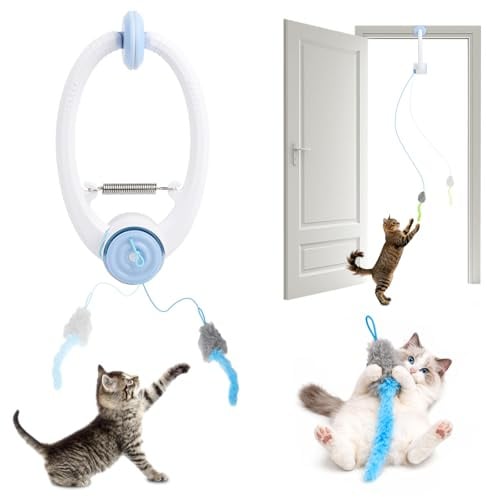 Cat Toys Interactive for Indoor Cats, Door Hanging Interactive Mice Toys with Squeaky Sound and Feather Tail, USB Rechargeable Door Hanging Automatic Retractable Cat Enrichment Toys for Bored Cats