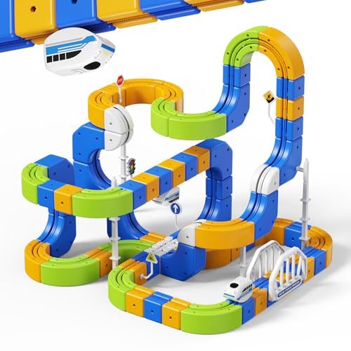 Train Électrique Enfant, 225 Pièces(80 Rails + 2 Wagon) Train Jouet, Circuit Train 3D DIY Rail Cube Train Track Set, Circuit Voiture Enfant Electrique, Jeux Cadeau Garçons Filles 3 4 5 6 7 8 Ans