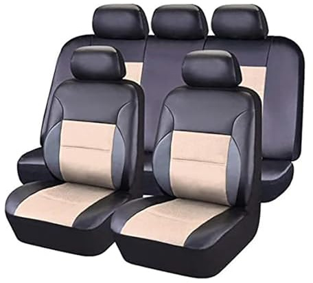 XATHKJOE 9 Stück Leder Autositzbezüge Sets, für Toyota Rav4 RAV 4 Hybrid Limited Prime se 2002-2025 Auto Sitzbezüge Komplett Set,Wasserdicht Atmungsaktiv Sitzschoner Auto,E/Black Beige