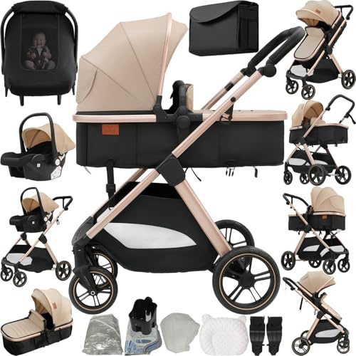 Prokoke Kinderwagen 3 in 1, Buggy mit Umkehrbarem Zwei-Wege-Schub, Kinderwagen Rahmen Aluminiumlegierung, Kombikinderwagen 3 in 1 Einem Klick Faltbar Baby Kleinkind Neugeborene (V10 Beige)