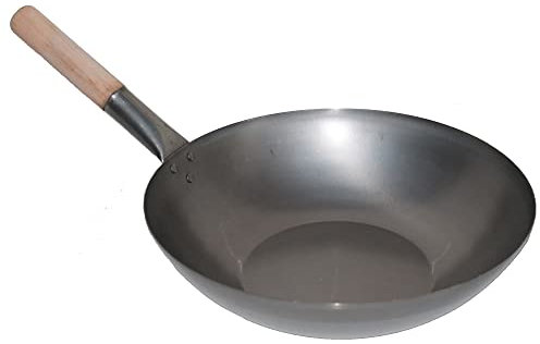 AAF Nommel ®, Wok Pfanne Flacher Boden Ø 38 cm, für Gas, Induktion, Ceran und Elektro, mit Holzgriff