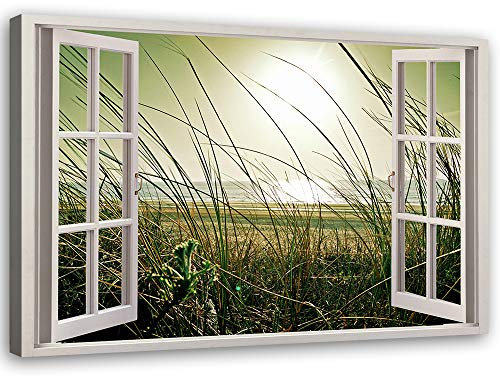 Tableau sur Toile XXL Herbe Art Image Deco Fenetre Vue 3D Vert 120x80 cm