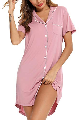 Samring Chemise de nuit pyjama pour femme à manches courtes/longues boutonnée, chemise de nuit pour petit ami, chemise de nuit S-XXL, Manches courtes - Rose poudré, S