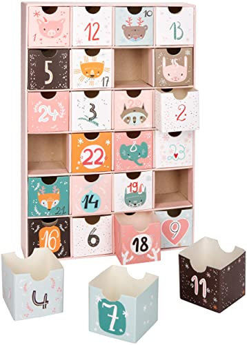 BRUBAKER Adventskalender zum Befüllen - Tierische Weihnachten Rosa - DIY Weihnachtskalender mit 24 Türchen für Gutscheine, Süßigkeiten und andere Überraschungen - 32,5 cm groß aus Pappe