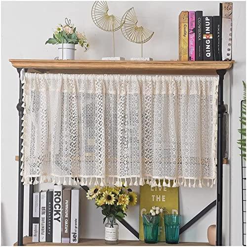 SAYT RLAE Bistrogardine Boho Vorhang Beige Scheibengardine Kurze Handgefertigte Häkelvorhänge mit Ausschnitten Kurzstore Gardinen mit Quaste für Küche und Schlafzimmer,1 Stück, B150×H90cm