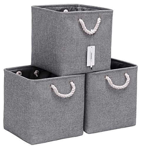 CREADARD Fabric Cube Storage Box Set of 3, 13x13x13 inch Foldable Linen Cube Storage Basket for Nursery and Home, Collapsible Canvas Shelf Basket for Wardrobe or Bedroom, Grey