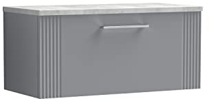 nuie DPF296LBG Deco Modern Bathroom Wall Hung 1 Drawer Part Fluted Vanity Basin Unit with Laminate Bellato Grey Worktop, 800mm, Satin Grey