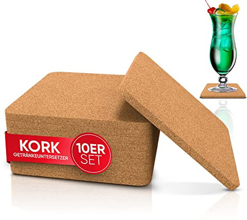wortek Untersetzer Gläser Korkuntersetzer eckig - 10er Set Kork Untersetzer 10cm Korkplatte - Tischuntersetzer Tassenuntersetzer Glasuntersetzer Kork für Raclette, Tee, Kaffee, Cocktail Bar Zubehör