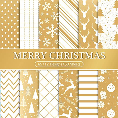 Whaline 60 Blatt Weihnachtsmusterpapier A5 Größe Weiß Gold Schneeflocke Rentier Weihnachtsbaum Glänzend Scrapbook Papier Doppelseitiges Xmas Bastelpapier Flach gefaltet für DIY Kartenherstellung