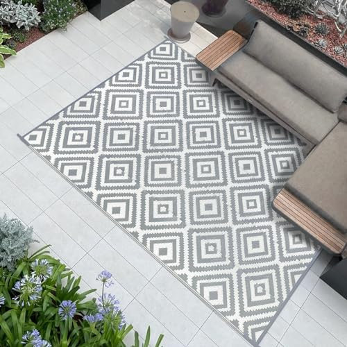 Famibay Outdoor Teppich Wetterfest Outdoor Teppich Balkon Camping Wasserfest Grau Kunststoff Wendbar Leicht Outdoorteppich für Terrasse Garten Balkon Camping Innen Außen