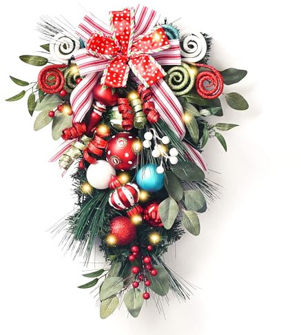 Valery Madelyn 76,2 cm große Weihnachtsdekoration in Tropfenform, Kaminsims, Dekoration, traditionelle Girlande mit bunten Kugeln, Beeren und roten Schleifen, künstliche Dekoration für Haustür,