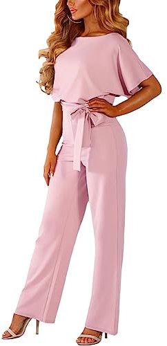 amropi Damen Kurzarm O-Ausschnitt Elegant Lang Jumpsuit Overall Hosenanzug Playsuit Romper Rosa,XL