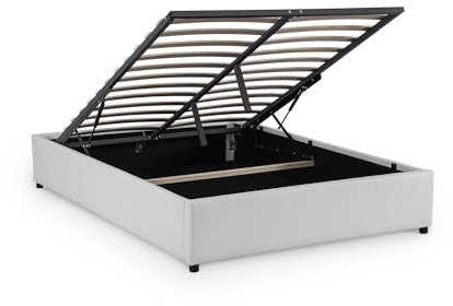 Mobilier-Deco BAZIL - Lit sommier relevable avec Coffre en Simili Cuir Blanc 180x200