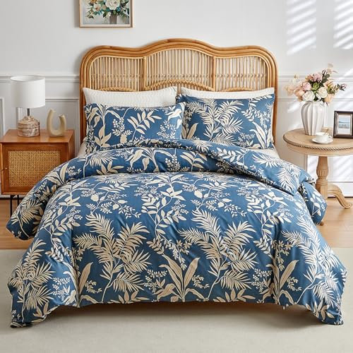 Tospass Floral Bettwäsche 200x200 Blau 3Teilig Aesthetic Gold Blätter Blumen Wendebettwäsche Weich Kuschelig Bettwäsche-Sets, 1 Bettbezug 200x200 und 2 Kissenbezug 80x80 mit Reißverschluss