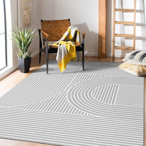 Hawthyhome Teppiche Wohnzimmer Schlafzimmer, Moderne Muster Waschbarer Kurzflor Teppich, Anti-Rutsch Unterseite, Flauschig Weich Teppiche,Grösse:150x210cm, Farbe:Graue Streifen