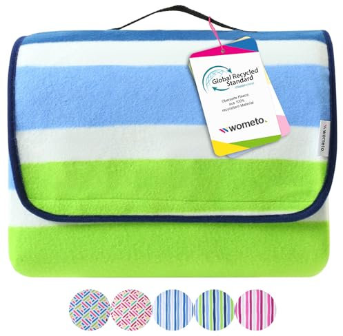 wometo eco-line nachhaltige Picknickdecke wasserdicht 200x200 100% recyceltes Fleece GRS Zertifiziert XXL Outdoor Campingdecke Stranddecke Streifen blau hellblau grün isoliert waschbar